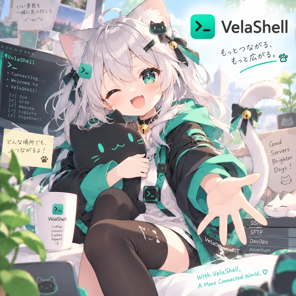 VelaShell 看板娘主视觉：抱着黑猫玩偶伸出手的猫耳少女